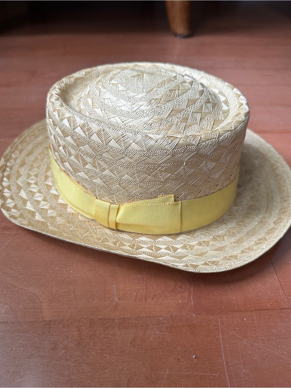 Vintage Borsalino Pedal Straw Hat Yellow Grosgrain Ribbon Band Made In Italy (54